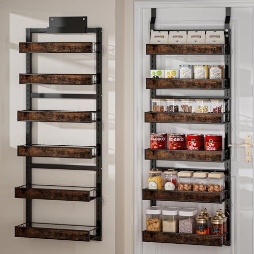 6 Tier Over The Door Pantry Orangizer 2 IN 1 Wall Mounted or Hanging Spice Rack with Adjustable Wood Basket,Heavy Duty Seasoning Storage Shelf for Kitchen Pantry and Bathroom - color: Black-Wood, size: 6 Tiers