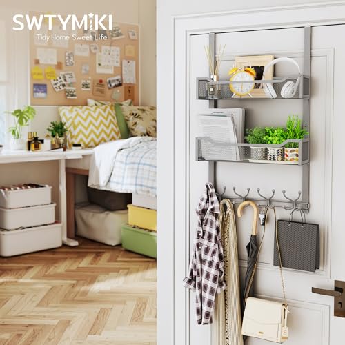 SWTYMIKI Over The Door Hooks Organizer - Multi-Functional Door Hanger with 16 Hooks & 2 Mesh Baskets, Long Coat Rack for Bathroom, Bedroom, Living Room, Home Storage Organizer, Gray - color: Gray
