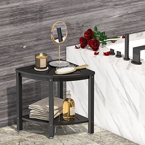 Bamboo Corner Shower Bench Waterproof Stool with Space-Efficient Storage Shelf - Shower Stool Seat for Indoor or Outdoor Use(Black) - color: Black