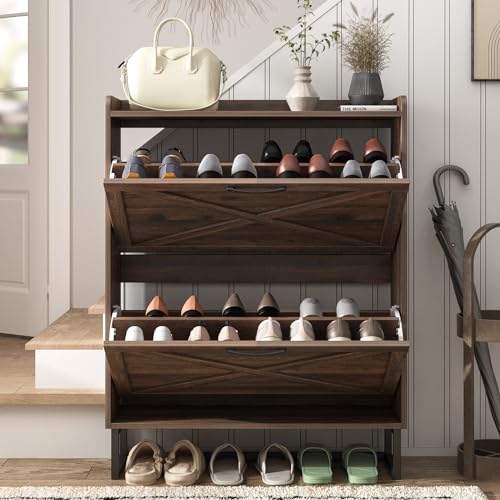 Maupvit Shoe Storage Cabinet with 2 Flip Drawers, Freestanding Organizer with Metal Legs for Entryway, Narrow Shoe Rack Cabinet, Dark Walnut - color: Dark Walnut, style: 2-Drawers