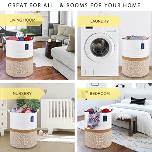 COMSE Extra Large Blanket Basket, Tall Woven Storage Basket, Nursery Hamper, 15.7”x 21.7”, Cotton Rope Laundry Hamper for Toys Clothes Towels, Blend White/Camel - color: Blend White & Camel