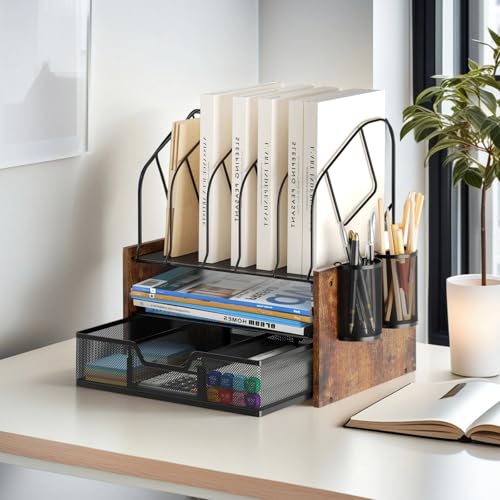 Wood Desk Organizer - 2-Tier Desktop File Organizer with Drawer with Vertical File Holder, Wooden Paper Tray, Office Desk Organzier and Accessories for Papers, Mail, Notebooks, Stationery - size: 2 Tier Drawer with Vertical File Holder