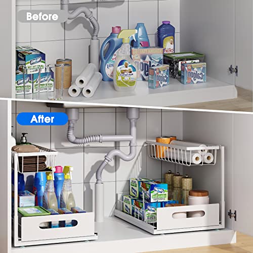 2 Pack Under Sink Organizer, 2 Tier Pull-Out Cabinet Storage Shelf, Rust-Resistant Metal Organizer for Kitchen Bathroom Laundry Room, No Tools Installation, White - color: 2 Pack-White