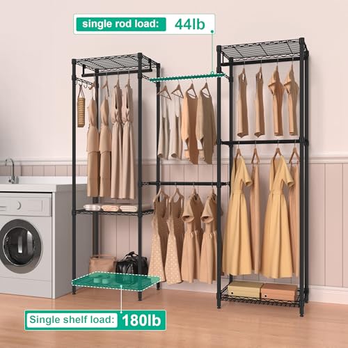 Folews Freestanding Closet System, Large Free Standing Closet Rack Organizer for Hanging Clothes Adjustable Metal Wire Clothing Rack with 5 Shelves & 5 Rods, Black - size: 15.3"D x 69.3"W x 70.8"H