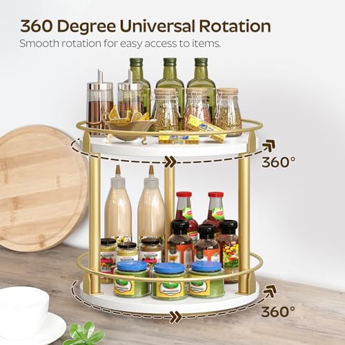 YATINEY Lazy Susan Organizer, Rotating Spice Rack, 2 Tier Spice Turntable Organizer, Industrial Turntable Spice Holder, for Kitchen Countertop and Cabinet, Compact and Versatile, White and Gold SR22DW - color: White + Gold, size: 10.2"L x 10.2"W x 11"H