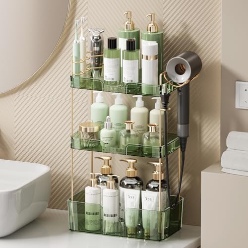 Bathroom Counter Organizer for Vanity, Makeup Organizer Countertop with Holder, Large Capacity Storage Rack, Perfect Large Skincare, Hair Care, Perfume, Easy to Install (Green, 3Tiers) - color: Green, size: 3 Tiers