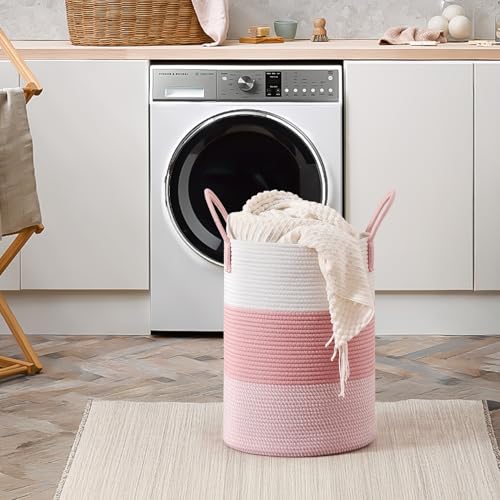 CLHMILY&Z 40L Laundry Basket Round Storage Rope Basket - 13x18 Inches - Pink Hamper in Bedreoom and Cute Storage Bin for Blankets, Toys, and Nursery Essentials - color: Pink & White, size: 40L