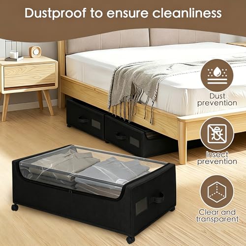Under Bed Storage with Wheels, 2-Pack Under the Bed Storage Containers with Clear Lids & Label, Underbed Storage Bins, XXXL 85L 11 inches Rolling Metal Drawer for Clothes, Shoes, Toys, Books - Black - color: Black-2Pack, size: 11 inch-height