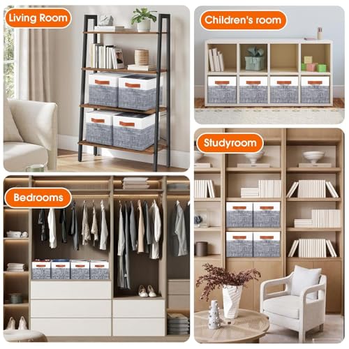 Fab totes Collapsible Storage Baskets for Shelves,14"x10", 4 Pack Foldable Fabric Storage Bins with Double Leather Handles, Large Baskets for Organizing Books, Clothes, White & Grey - color: Grey, size: 4pack