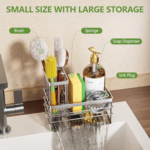Cisily Sink Caddy Sponge Holder for Kitchen with Brush Holder and Stainless Steel Self Drain Tray, Rustproof Kitchen Sink Organizer for Sponge, Soap Dispenser Storage Accessories (Stainless Steel) - color: Stainless Steel