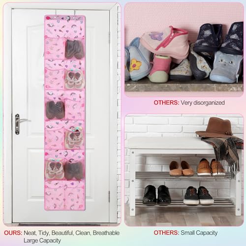 Windyun 2 Pcs Kids over The Door Shoe Organizer 24 Pockets Unicorn Baby Water Bottle Organizer Rack Hanging Girls Pink Shoe Storage for School Door Closet Bedroom Wall