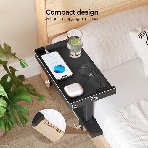 Wealone Adjustable Bedside Shelf for Bed, College Dorm Room Essentials, Bamboo Bed Side Tray Table with Sturdy Metal Pole, Clip On Nightstand Organizer for College, Apartment, Bunk Beds - color: Black