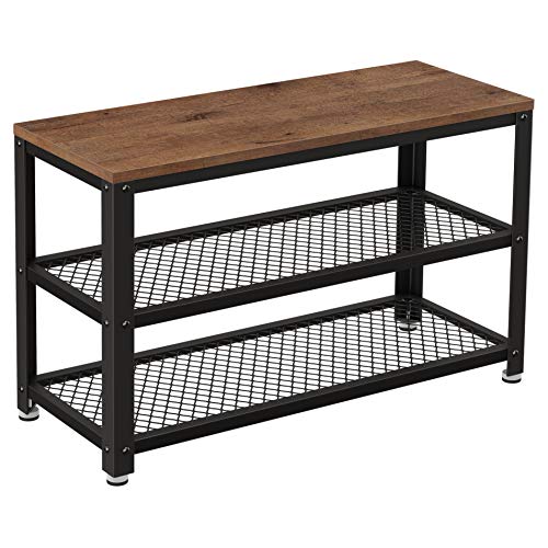 VASAGLE 3-Tier Shoe Rack, Shelf Storage Bench with Metal Mesh Shelves and Seat, Free Standing Shoe Organizer for Entryway, 11.8 x 28.7 x 17.7 Inches, Hazelnut Brown and Black ULBS073B03 - color: Hazelnut Brown + Black, size: 28.7"W x 17.7"H, style: Bench