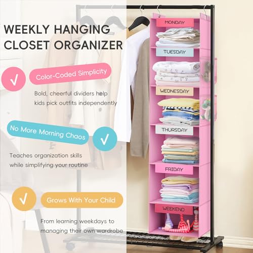 VERONLY Weekly Hanging Closet Organizer for Kids, 6-Shelf Clothes Storage with Labeled Days of The Week Monday Through Friday, Weekday and Weekend, Days of the Week Clothes Organizer - color: Pink
