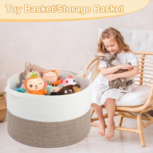 Large Laundry Basket 22''x14''Woven Cotton Rope Baby Blanket Basket for Living Room Girl Laundry Hamper Toy storage Baby basket Nursery Hamper Storage Bin (White+Brown) - color: White//Brown, size: 100L