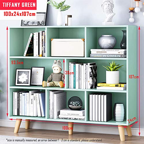 IOTXY Wooden Open Shelf Bookcase - 3-Tier Floor Standing Display Cabinet Rack with Legs, 8 Cubes Bookshelf, Tiffany-Green | Display Cabinet - color: Tiffany Green, size: 100CM