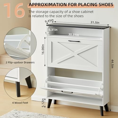 Joaxswe Shoe Cabinet Storage for Entryway with 2 Flip Drawers 2 Hook Open Storage Layer Rack Narrow Organizer Slim Hidden Wood Shoe Cabinet Furniture White - color: White