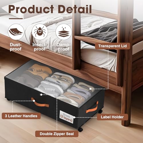Eastherry Under Bed Storage Containers with Wheels, 9.5 inches Higher Underbed Shoes Blankets Clothes Toy Storage Drawers for College Dorms Bedrooms Nursery Rooms Organization, 2 Pack to be Assembled - color: Black