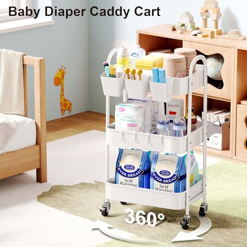 3 Tier Heavy Duty White Metal Rolling Cart with Lockable Wheels, Three Tier Roller Book Snack Cart, Utility Storage Organizer Carts for Kitchen, Bathroom, Garage, Baby Diaper, Craft, Art, Teacher - color: Simple White, size: 3 tier