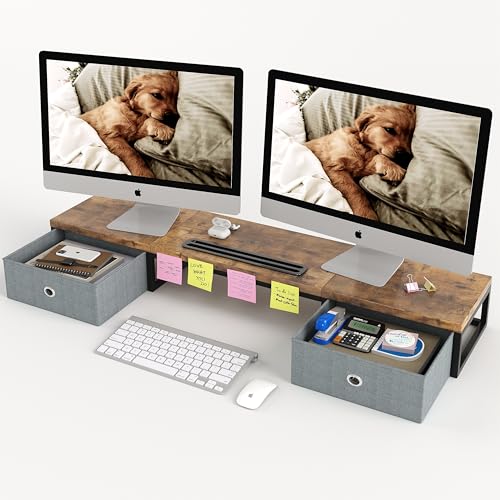 39 Inch Dual Monitor Stand Riser with 2 Drawers - Large Brown Wooden Computer Stand for 2 Monitors, Ergonomic Desk Organizer with Phone Holder, Desktop Storage for Laptop, Office Supplies, Home Office - color: Brown