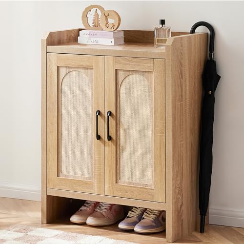 Mericonia Shoe Cabinet Storage for Entryway, Natural Rattan Shoe Storage Cabinet, Wooden Shoe Rack Cabinet, Farmhouse Boho Wood Shoe Organizer Cabinet for Hallway - color: Natural, size: 5-tier