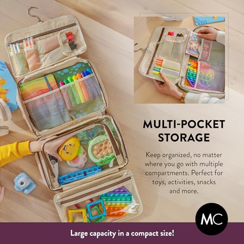 Kids Travel Organizer – Multi-Compartment, Water-Resistant Hanging Bag for Toys, Snacks, & Activities - Compact, Lightweight Design with Hook & Carry Handle - Perfect for Travel Use (Beige, Large) - color: Beige, size: Large
