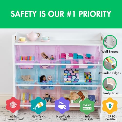 Humble Crew Toy Storage Organizer with 9 Removable Storage Bins for Kids Playroom, 3-Tier with Top Shelf Toddler Toy Organization, White/Purple/Pink/Blue - color: White/Purple/Pink/Blue