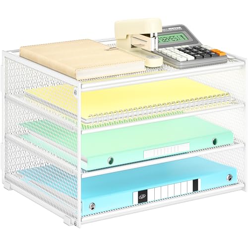 Lavatino 3-Tier Letter Tray Desk Paper Organizer – White Mesh Metal File Tray Organizer for Desk, Office Supplies & Home Organization | Fits A4/Letter Paper, Mail, Magazines and Office Accessories - color: 4-tier No Handle - White