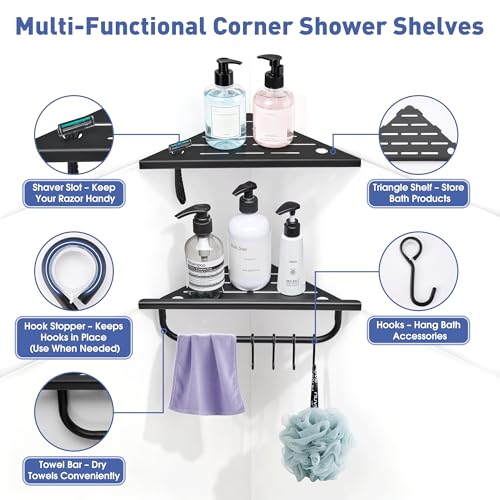 Corner Shower Shelf, 10'' Shower Corner Shelf with Towel Bar & Hooks, 304 Stainless Steel Recessed Bathroom Shelves, No Drilling for Tiled Wall, 2-Pack (Matte Black) - color: Matte Black