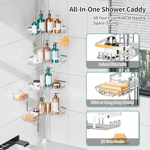 KEGII Shower Caddy Tension Pole – Corner Rustproof Bathroom Organizer with Soap Holder & Hooks, No-Drill Adjustable Shower Shelf for Renters for Families & Renters, 25-114.2 Inch, Silver - color: Silver