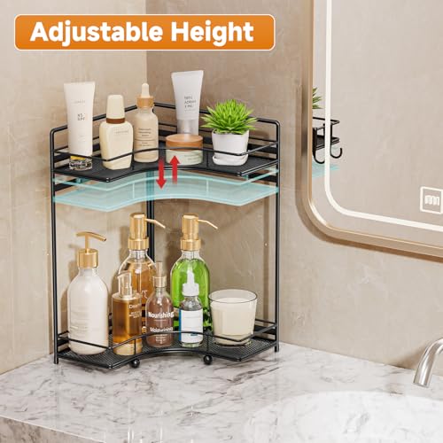 VITVITI 2-Tier Corner Bathroom Counter Organizer, Bathroom Countertop Organizer Storage for Sink, Metal Mesh Makeup Organizer for Vanity Countertop Kitchen with Hooks, Black - color: Black