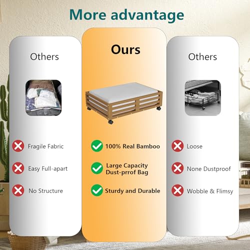 Wisuce Bamboo Under Bed Storage Containers- Underbed Organizer with Wheels with Dust Bag,Sturdy Wood Rolling Under the Bed Shoe Storage Organizer Drawers (Brwon, 2 Pack (23.62"×16.54")) - color: Brwon, size: 2 Pack (23.62"×16.54")
