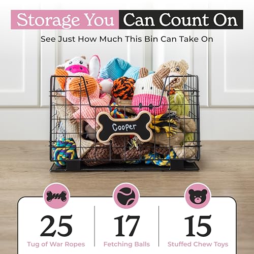 Metal Dog Toy Basket for Dogs and Cats (15” x 10” x 9”) - Heavy-Duty Storage Bin Holds Pet Chew Toys, Bones, Ropes, Blankets, Towels, Treats - Large Dog Toy Box for Living Room Area Organization