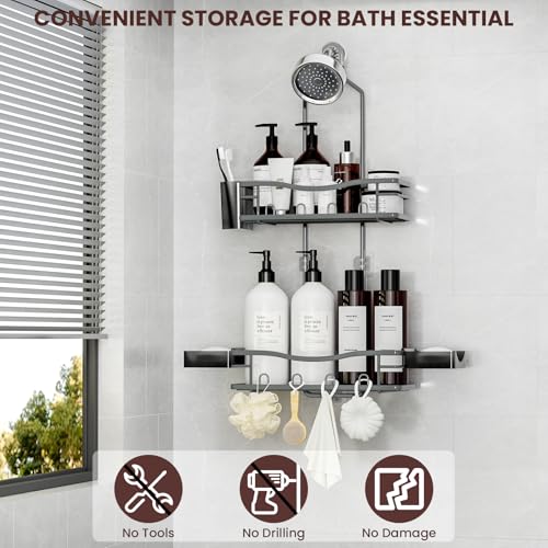 REINHARDT Shower Caddy Hanging, Rustproof Bathroom Caddy Anti-Swing Shower Organizer No Drilling Bath Racks with Soap Holder Multi Hooks Bathroom Storage for Shampoo Sponge, Grey - color: Grey