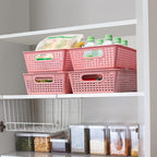 Tiawudi Stackable Woven Plastic Basket, Storage Bins for Cabinet, Closet, Shelf, Under Sink and Countertop, Pantry Organizer Bins, 6 Pack - color: Pink