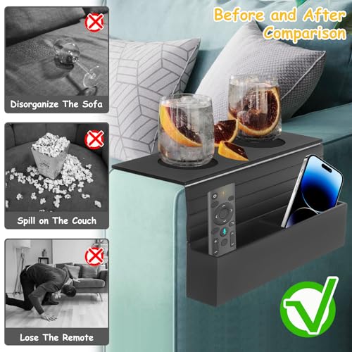 Couch Cup Holder Tray,Sofa Armrest Organizer with Cup Holder, No-Slip Couch Caddy with 2 Side Storage Pockets,Foldable Table Tray,Sofa Table Organizer for Drinks,Cellphone,Remote Control