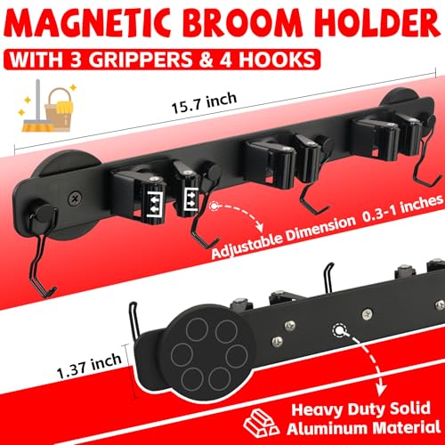 Magnetic Mop Broom Holder,Heavy Duty Movable Magnetic Wall Mount Tool Racks,No Drilling Utility Storage Shovel Hanger for Garage,Closet,Garden,Kitchen,Laundry (4 Hooks 3 Grippers,Black) - style: 4 Slot 3 Hooks Magnetic Mop Holder