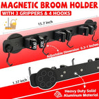 Magnetic Mop Broom Holder,Heavy Duty Movable Magnetic Wall Mount Tool Racks,No Drilling Utility Storage Shovel Hanger for Garage,Closet,Garden,Kitchen,Laundry (4 Hooks 3 Grippers,Black) - style: 4 Slot 3 Hooks Magnetic Mop Holder