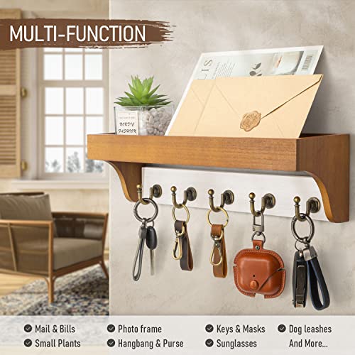 Rebee Vision Key and Mail Holder for Wall with Floating Shelf : 14 Inches Decorative Hanging Organizer with 5 Sturdy Keys Hooks and Wall Mount Key Rack - Farmhouse Entryway Decor (Light Brown & White) - color: Yellow&White