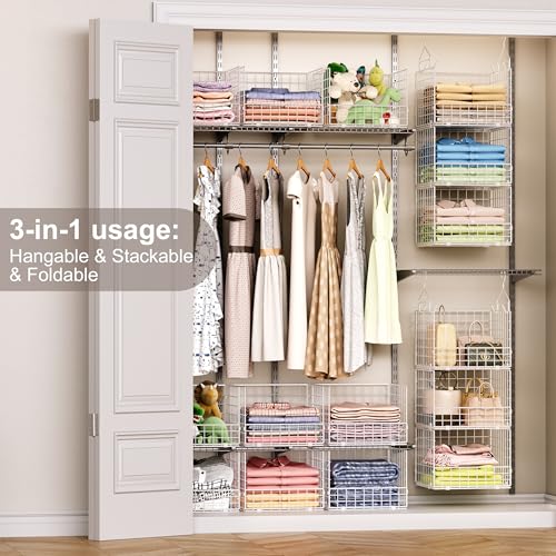 Sonyabecca 3-Tier Hanging Closet Organizer with 5 S Hooks, Closet Shelves for Clothes, Shoes, Handbags, Accessories, Hanging Basket, Closet Storage, Closet System, Closet Organizers and Storage - color: White, size: Large