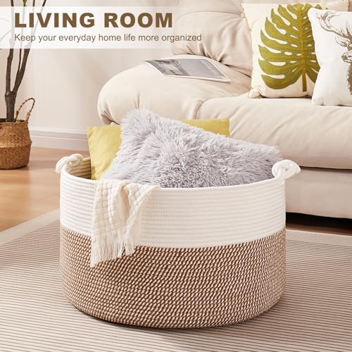 OIASKET Large Blanket Storage Basket for Living Room, 22.8" x 22.8" x 13" Woven Cotton Rope Basket with Handles, Baby Toy Storage, Laundry Hamper for Clothes, Pillows, Towels-Yellow and White - color: Yellow & White, size: 90L