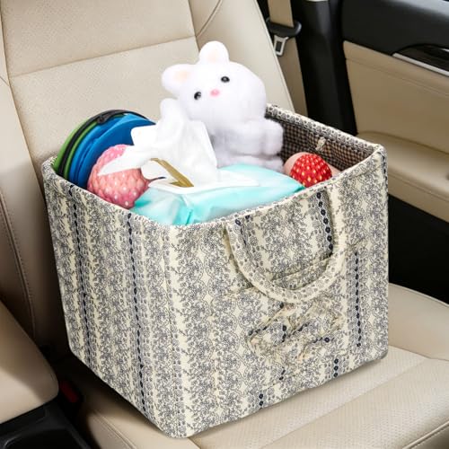 Quilted Fabric Basket Foldable Car Storage Boho Floral Laundry Basket Hamper for Nursery Bedroom & Living Room | Organize Clothes Toys - color: Blue-Print Vine