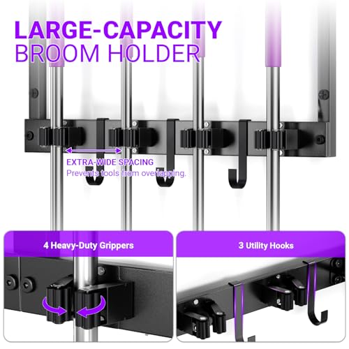 Heavy Duty Broom Holder Wall Mount with Cleaning Supplies Organizer, Space-Saving Laundry Room Organization and Storage Shelves, All-Metal Mop Hanger Broom Rack with Hooks, Garage Organizer Shelf - size: Small