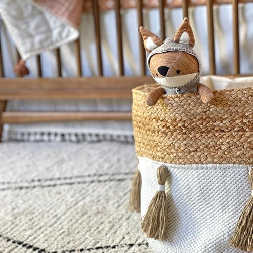 Crane Baby Boho Safari Nursery Decor Baby Storage Bin, Cotton & Jute Collapsible Fabric Basket Organizer, 13X12 Jute 13 X 12 Inches Beige - size: 13 x 12 Inches, style: Jute