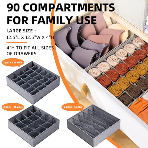 Criusia 6 Pack Large Drawer Organizer for Sock Underwear - Washable Heavy Duty Fabric Closet Organizers and Storage Bins - 90 Cells Dresser Organizer Divider for Baby Clothes, Ties, Belt (Grey) - color: Grey, size: 6 Pack & 90 Cells Full Set