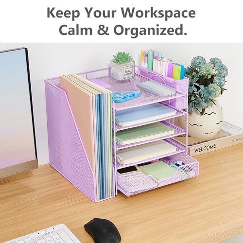 Desk Organizer, 5-Tier Paper Letter Tray Organizer with File Holder, Drawer and Pen Holder, Desktop Organizer for Office Supplies, Purple - color: Purple