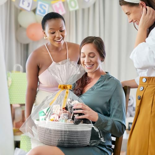 2 Pack Small Woven Basket with Gift Bags and Ribbons, Empty Decorative Gift Chest Box, Cute Baby Gift Basket for Nursery, Cotton Rope Room Shelf Storage Basket with Handles, All 12"x 8"x 5", Gray - color: gray