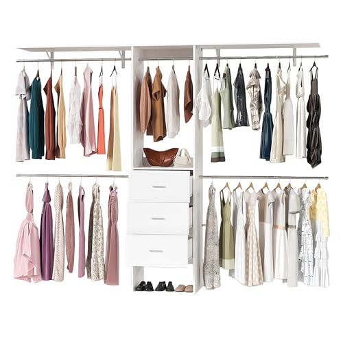 LINLUX 8FT Closet System 94'' Closet Organizer with 3 Drawers,4 Extendable Hanging Rods,Wood Closets Built In System Tower with Adjustable Shelves,Walk-in Closets Wardrobe Clothes Garment Rack(White)