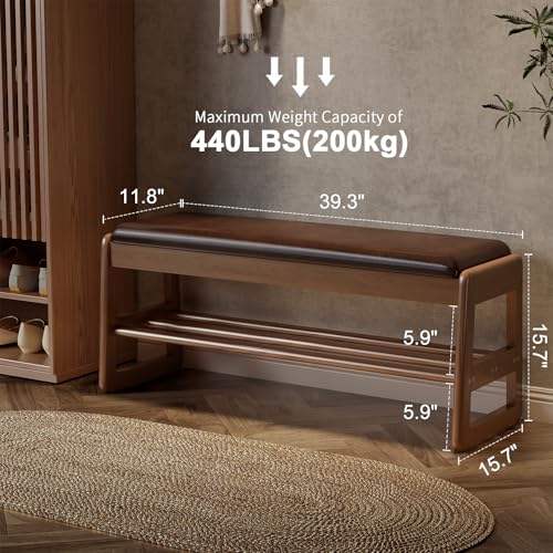AQIMUELE Shoe Rack Bench,2 Tiers Shoe Bench with Storage with Flip-Top,Wood Shoe Rack for Entryway,Hallway（Dark Walnut Upholstered Seat,11.8" D x 39.3" W x 15.7" H） - color: Dark Walnut Upholstered Seat, size: 11.8"D x 39.3"W x 15.7"H