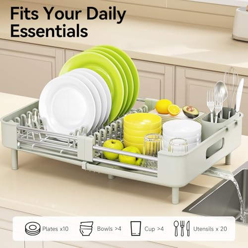 Urackify Extendable Dish Drying Rack, Dual Part Dish Drainers with Non-Scratch and Movable Cutlery Drainer and Drainage Spout, Adjustable Dish Rack for Kitchen, Gray & White - color: Soft Celery Green